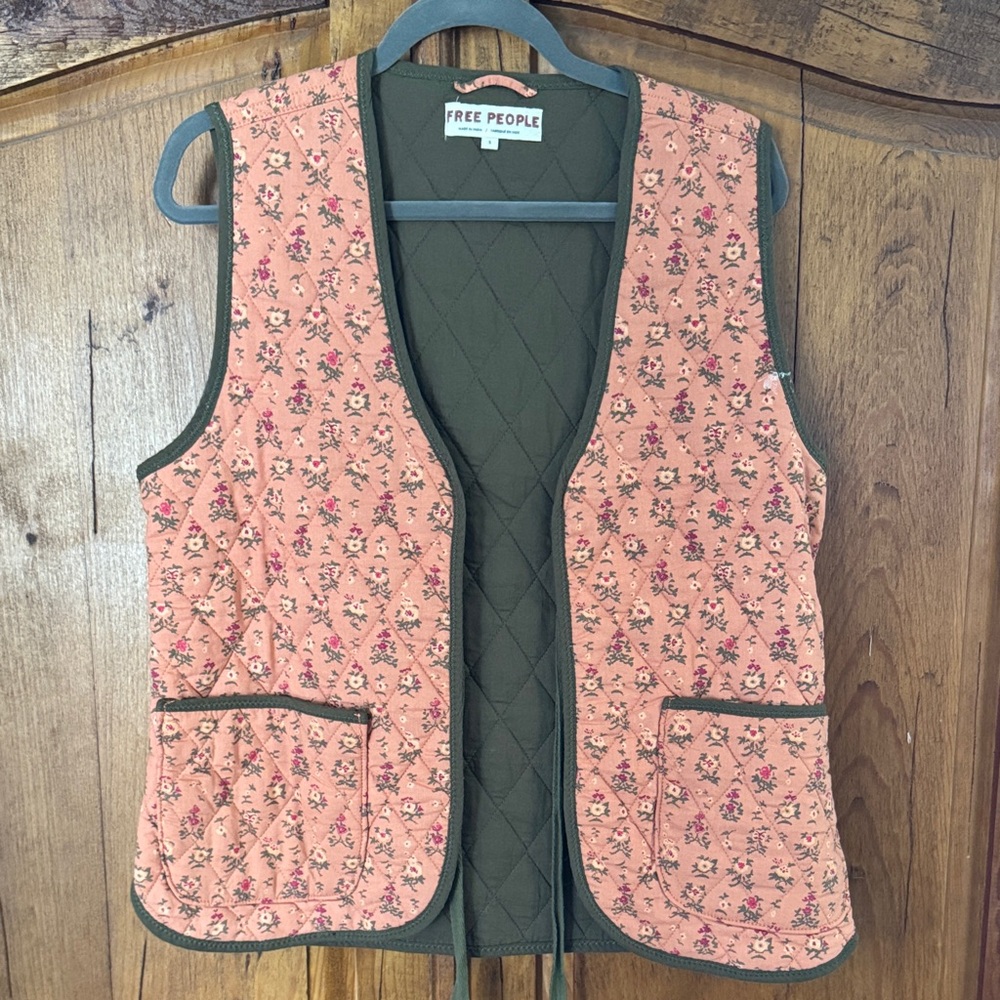 Free People Pink Floral Quilted Vest with Olive Trim